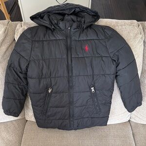 Polo Ralph Lauren kids black hooded puffer jacket with red polo logo.